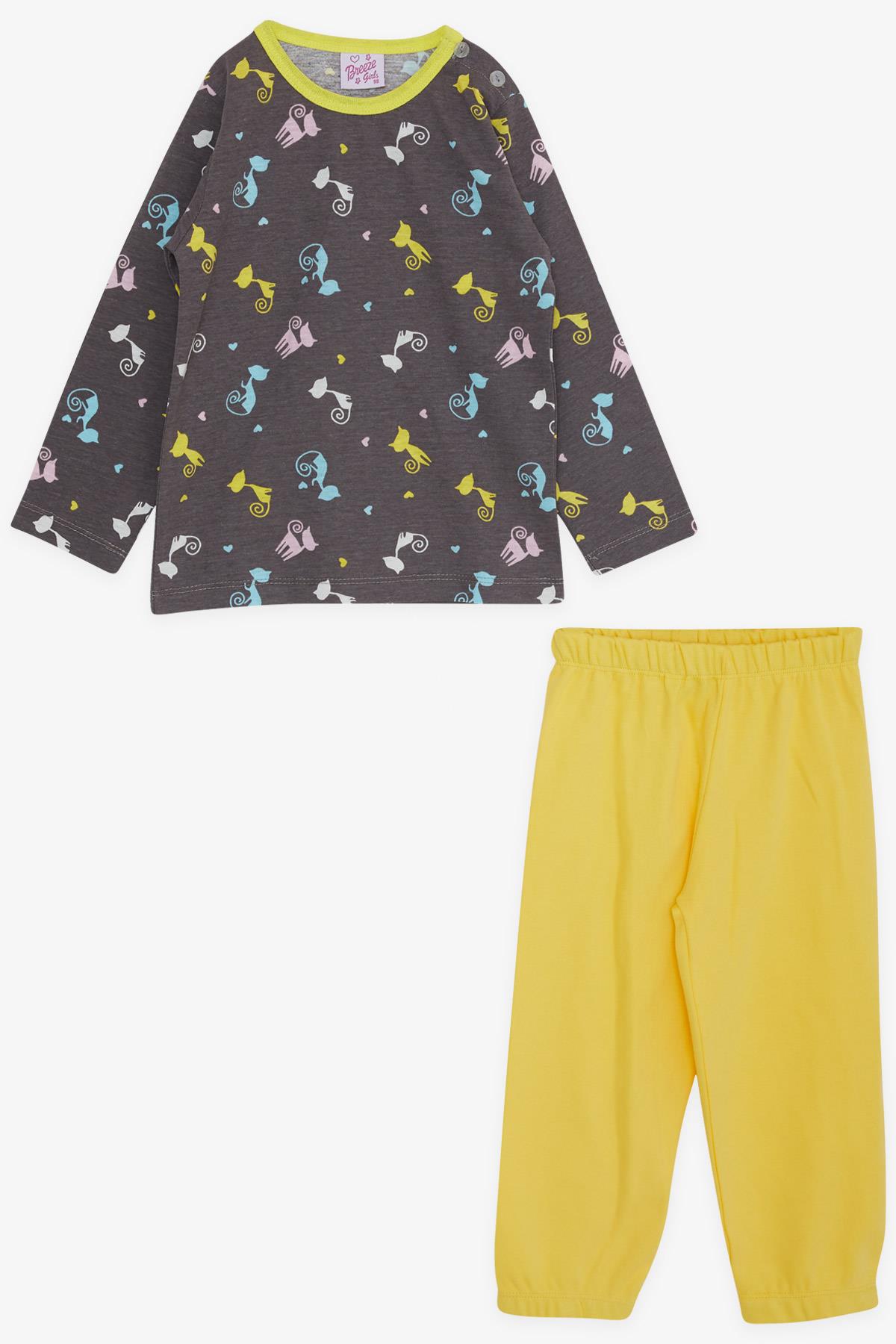 Breeze Kız Çocuk Pijama Takımı Renkli Kedicikler Desenli Kahverengi (1-4 Yaş)