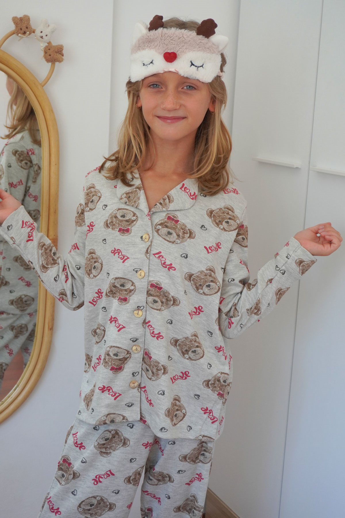 Breeze Kız Çocuk Pijama Takımı Sevimli Fiyonklu Ayıcık Desenli Açık Gri Melanj (7-11 Yaş)