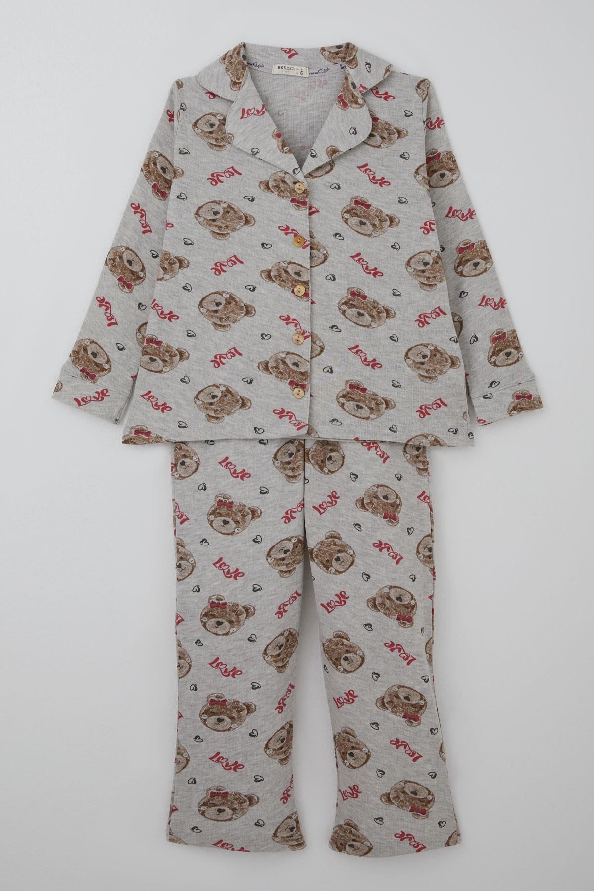 Breeze Kız Çocuk Pijama Takımı Sevimli Fiyonklu Ayıcık Desenli Açık Gri Melanj (7-11 Yaş)