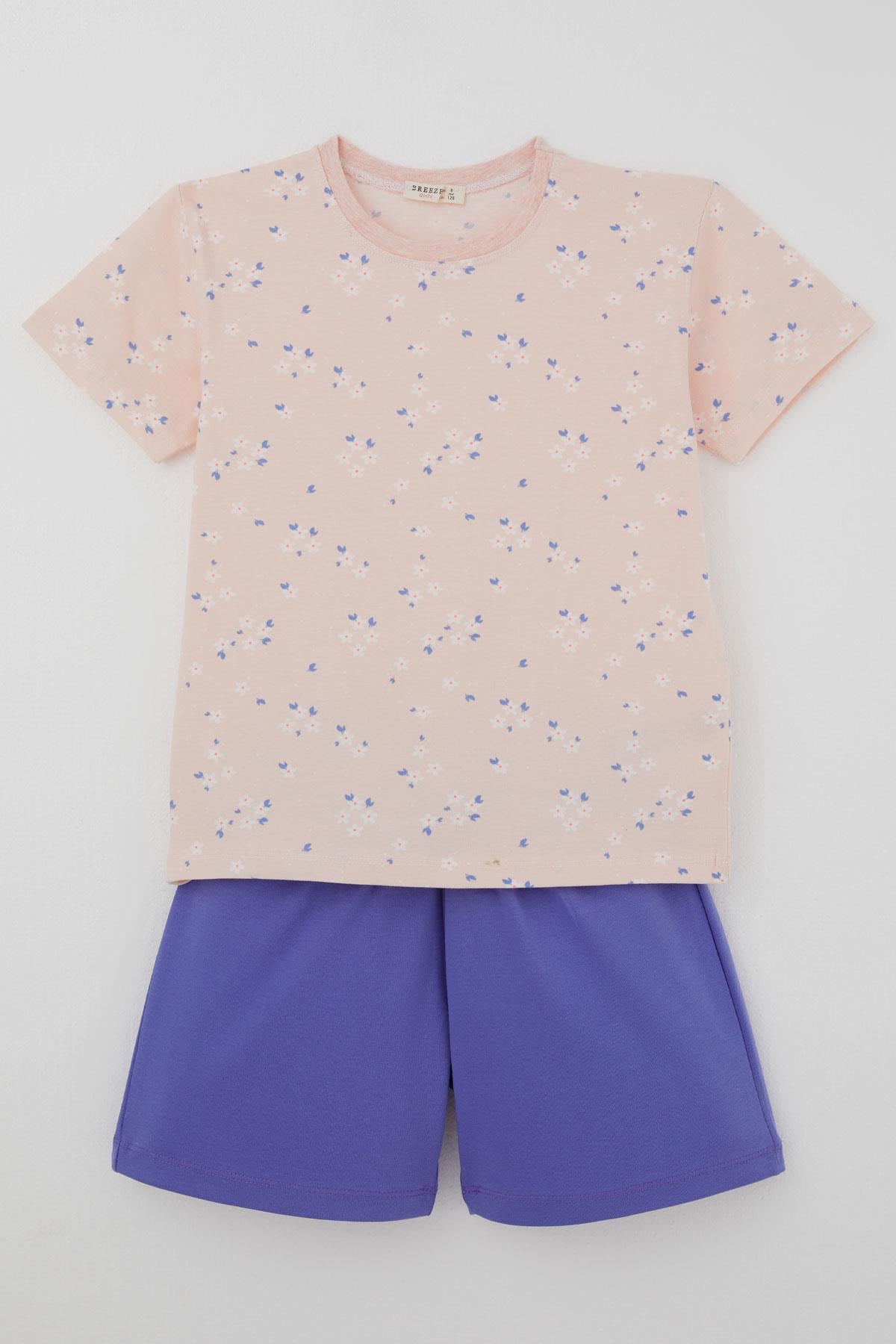 Breeze Kız Çocuk Şortlu Pijama Takımı Çiçek Desenli Pudra (4-8 Yaş)