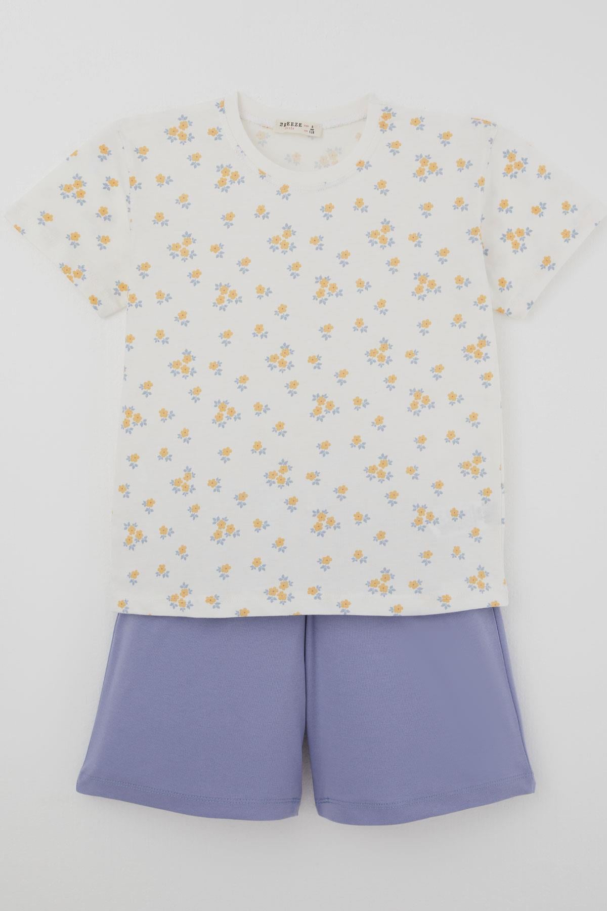 Breeze Kız Çocuk Şortlu Pijama Takımı Çiçek Desenli Beyaz (4-8 Yaş)