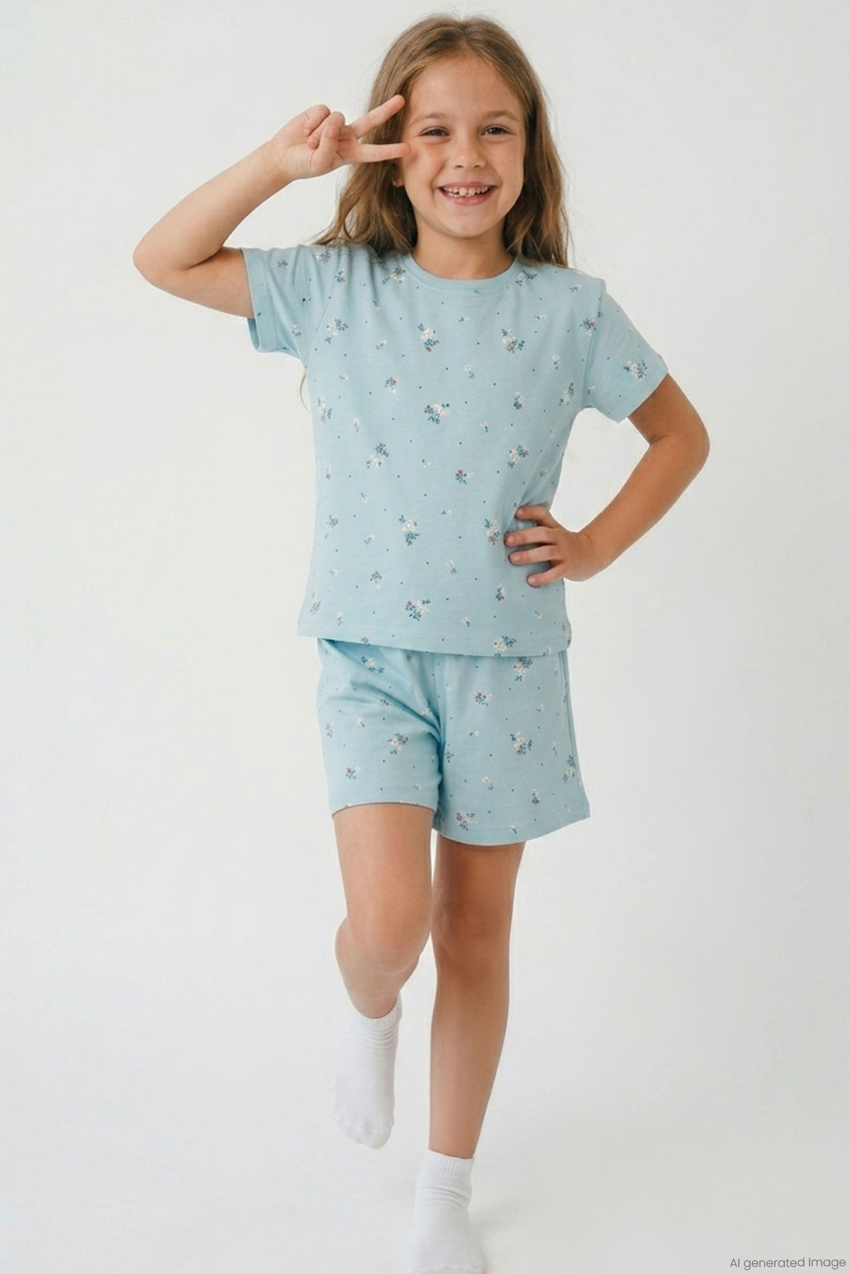 Breeze Kız Çocuk Şortlu Pijama Takımı Çiçek Desenli Açık Mavi (4-6 Yaş)