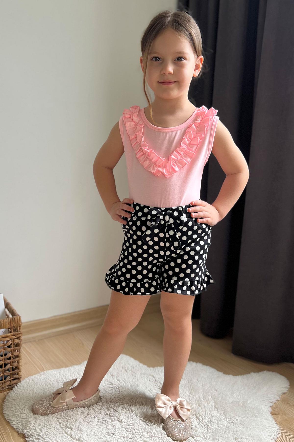 Breeze Kız Çocuk Şortlu Takım Puantiyeli Fiyonklu Fırfırlı Neon Pembe (4-8 Yaş)