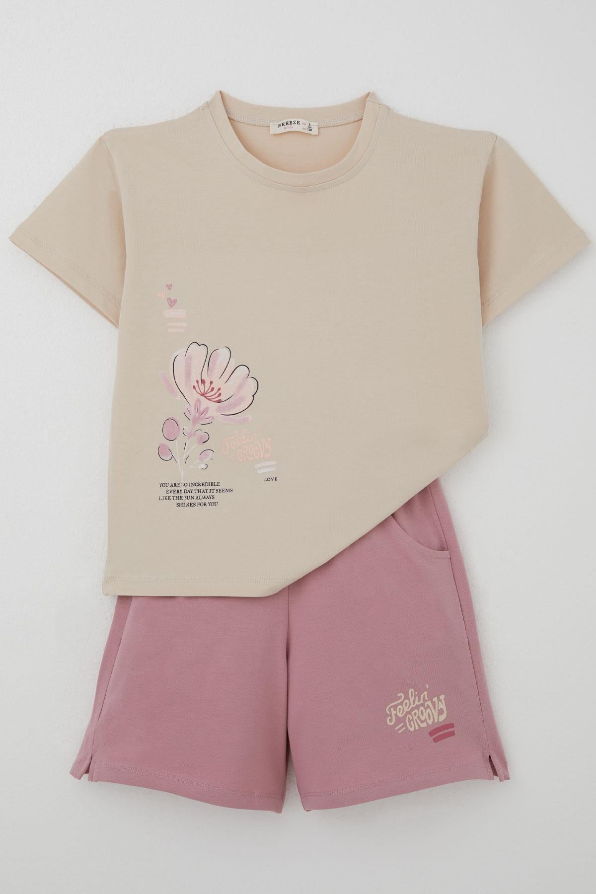 Breeze Kız Çocuk Şortlu Takım Sevgi Temalı Çiçek Baskılı Bej (6-12 Yaş)