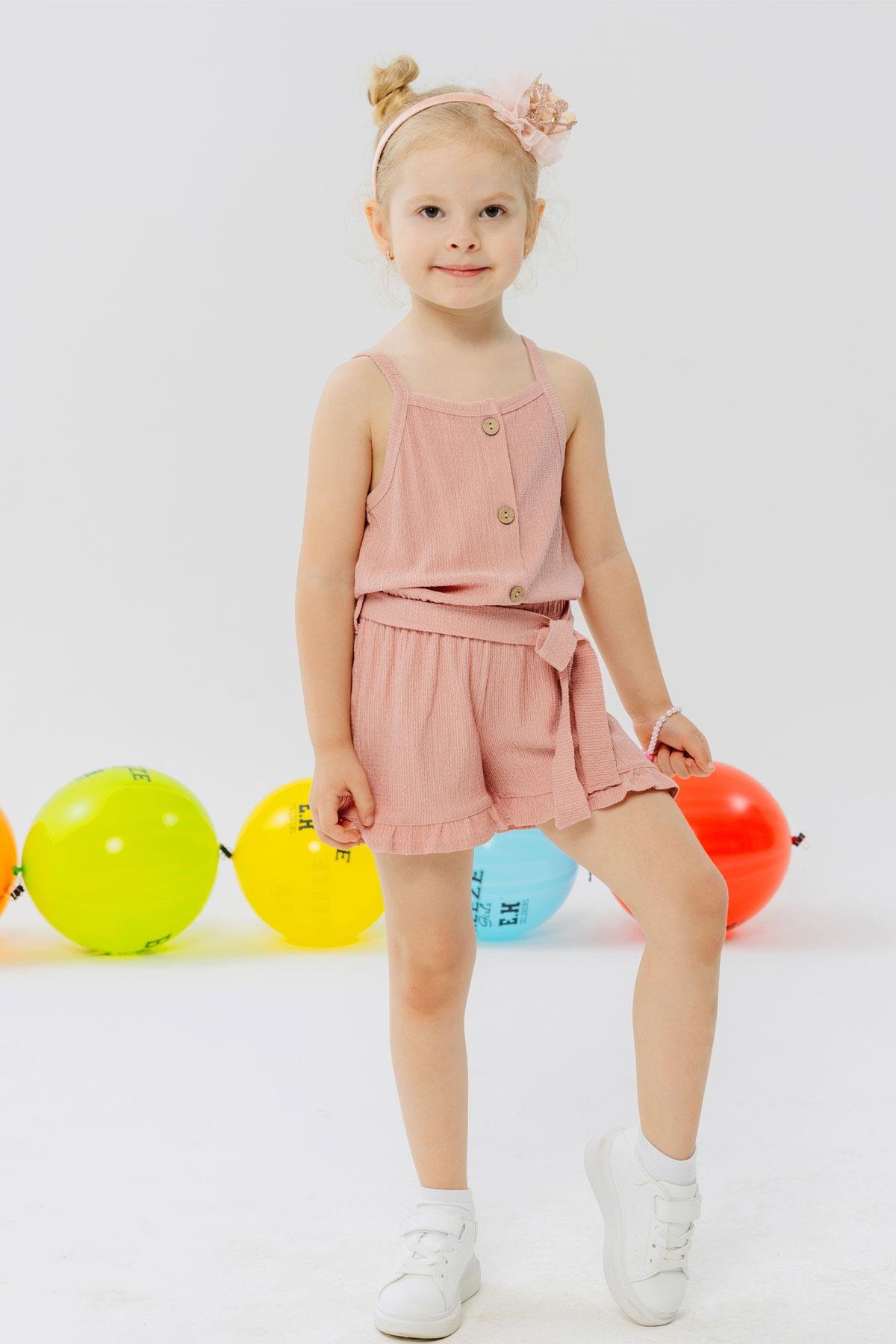 Breeze Kız Çocuk Şortlu Tulum Düğmeli Beli Kuşaklı Gülkurusu (4-9 Yaş)