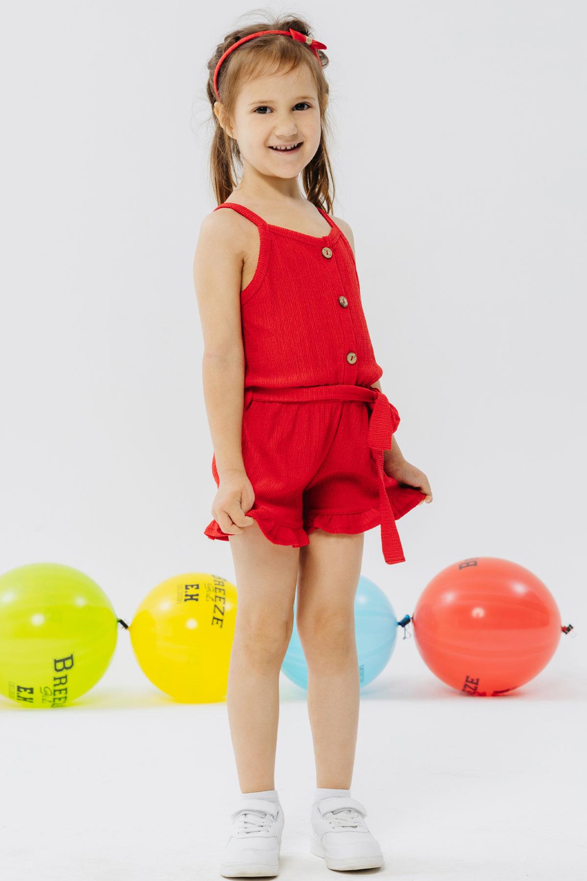 Breeze Kız Çocuk Şortlu Tulum Düğmeli Beli Kuşaklı Kırmızı (4-9 Yaş)