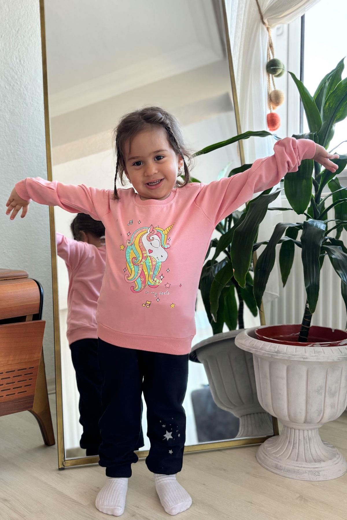 Breeze Kız Çocuk Sweatshirt Baskılı Pullu Unicorn Somon (2-3 Yaş)