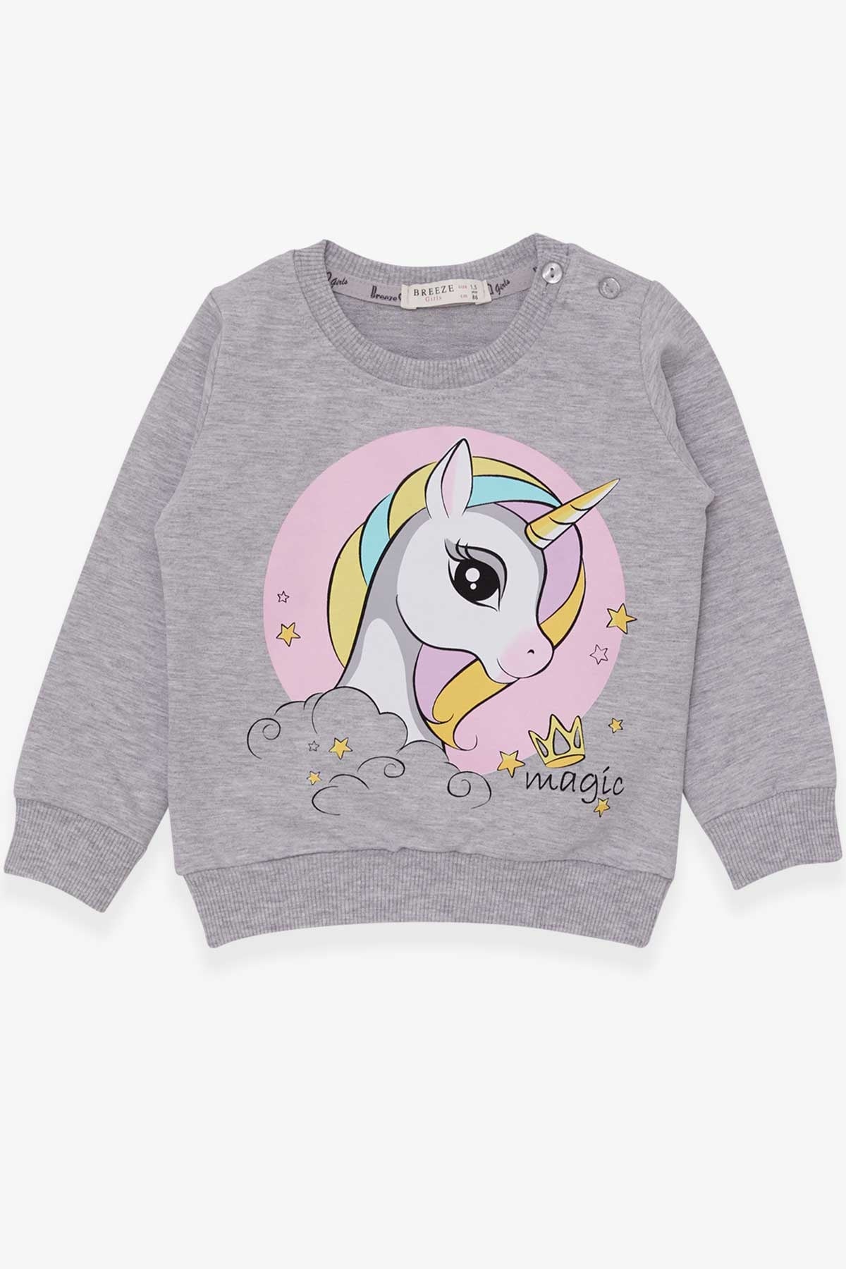 Breeze Kız Çocuk Sweatshirt Baskılı Unicorn Gri Melanj (1.5-5 Yaş)