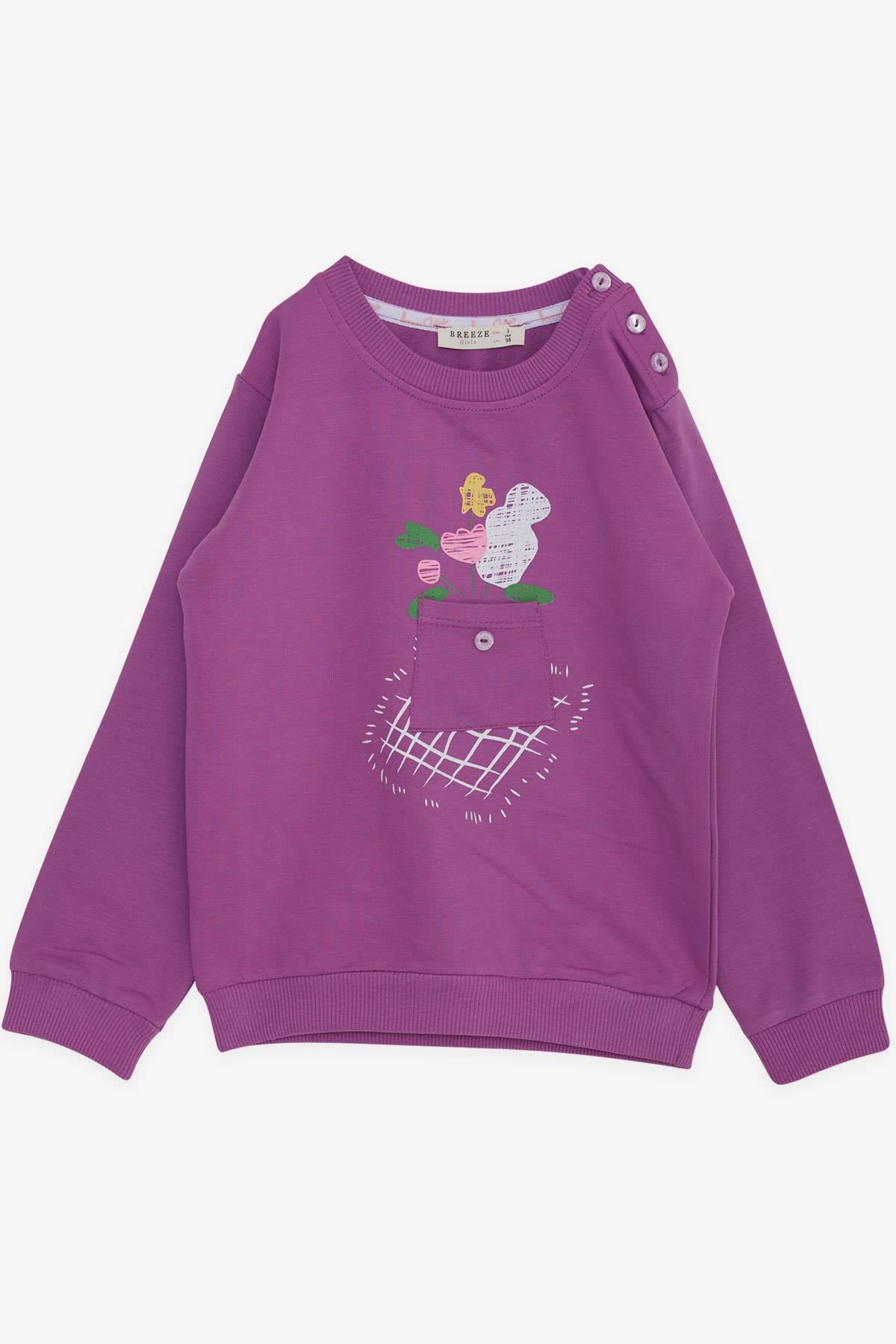 Breeze Kız Çocuk Sweatshirt Cepli Çiçek Baskılı Eflatun (1-4 Yaş)