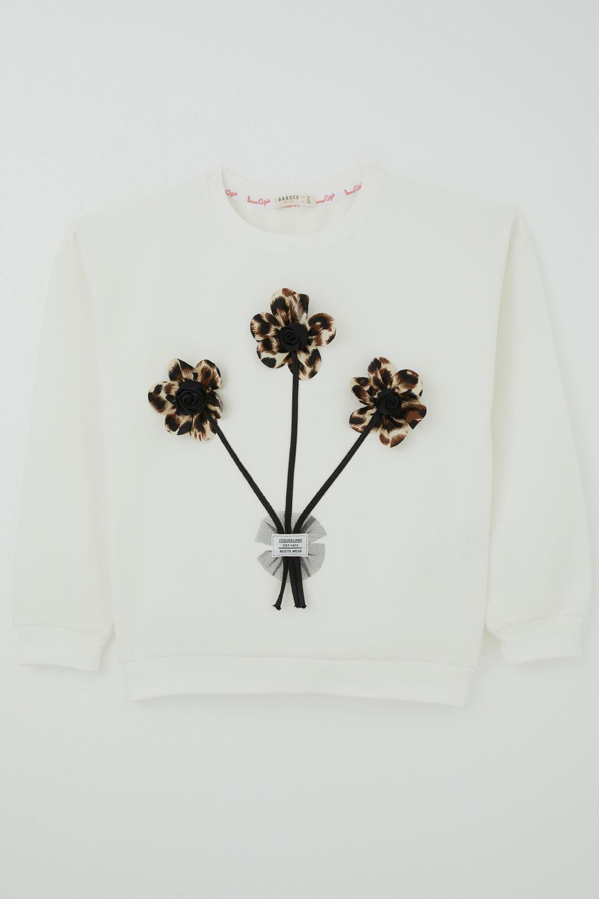 Breeze Kız Çocuk Sweatshirt Çiçek Buketi Yazı Armalı Tüllü Ekru (9-14 Yaş)