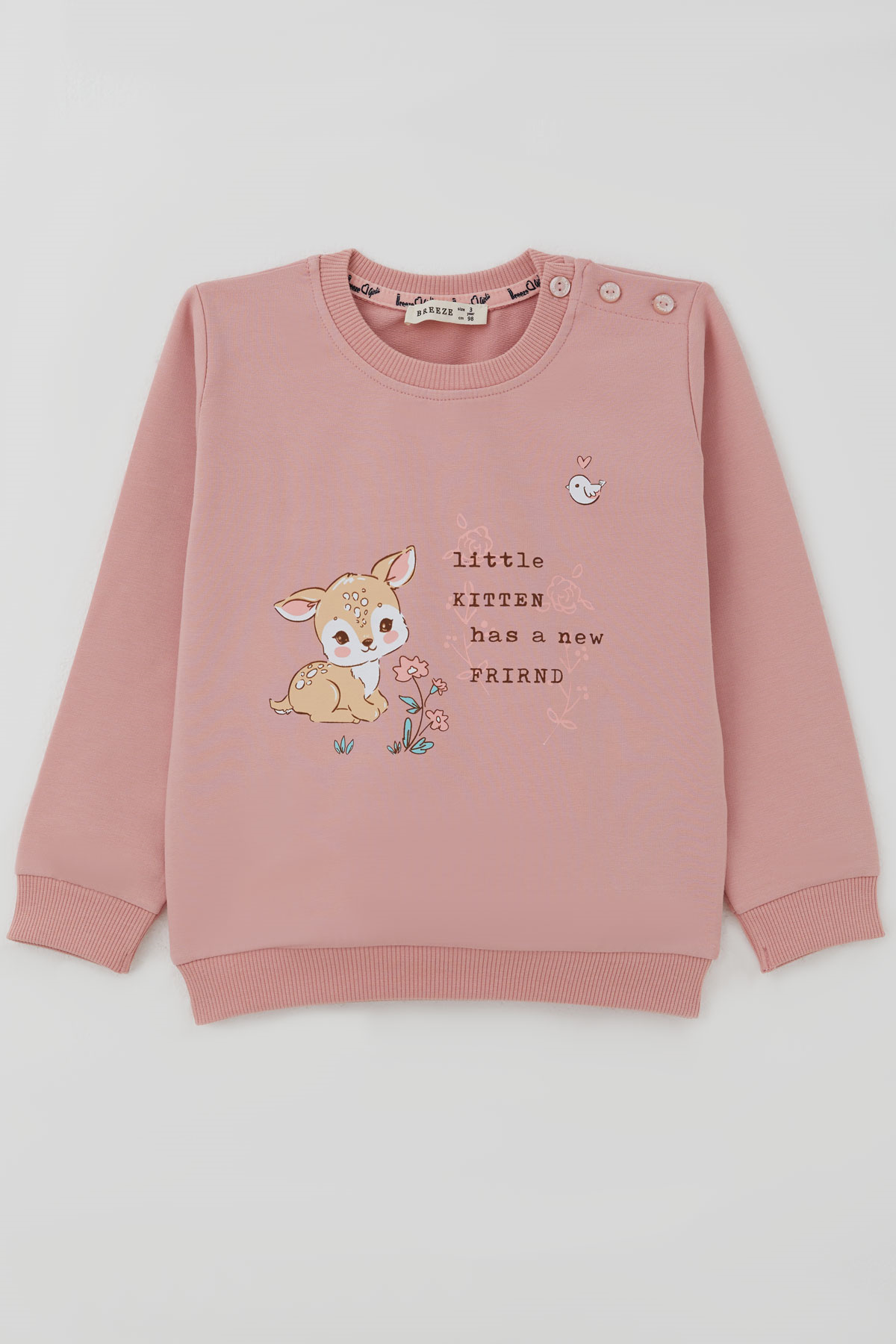 Breeze Kız Çocuk Sweatshirt Dostluk Temalı Sevimli Hayvancıklar Baskılı Gülkurusu (1.5-5 Yaş)