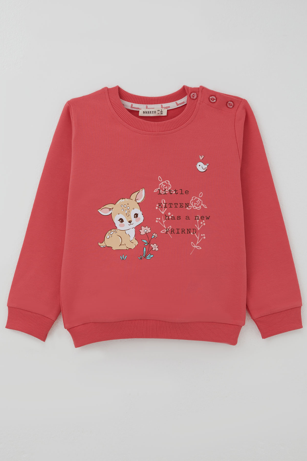 Breeze Kız Çocuk Sweatshirt Dostluk Temalı Sevimli Hayvancıklar Baskılı Mercan (1.5-5 Yaş)