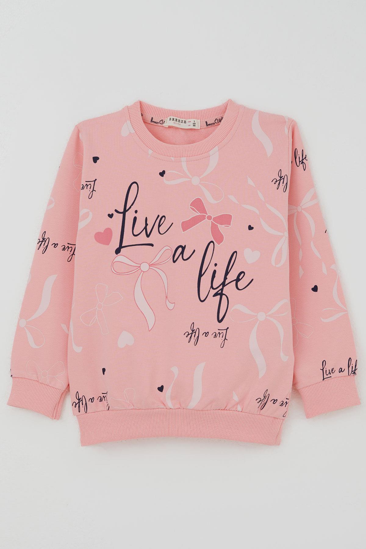 Breeze Kız Çocuk Sweatshirt Fiyonk & Kalp Baskılı Pembe (3-8 Yaş)
