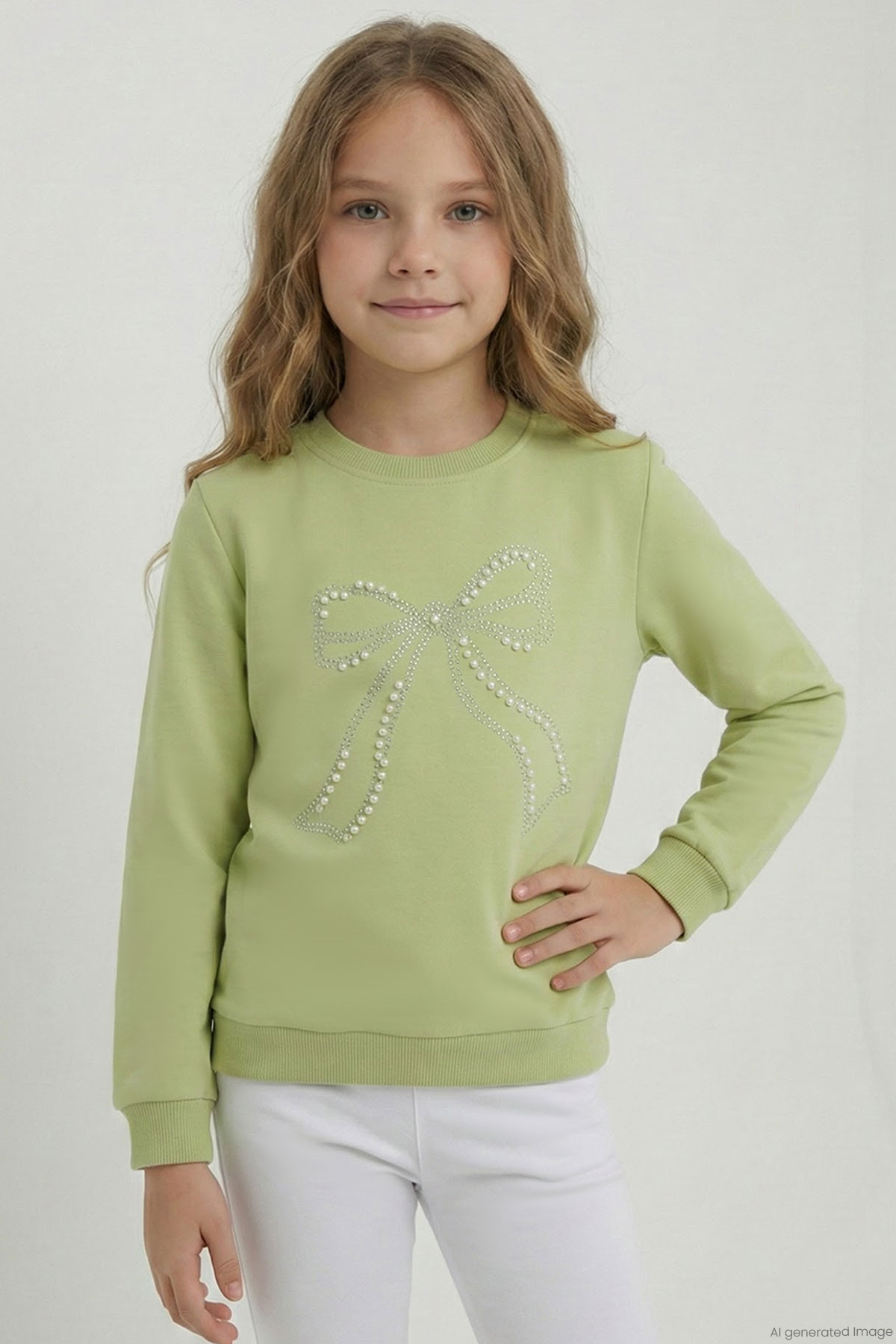 Breeze Kız Çocuk Sweatshirt İnci Taş İşlemeli Fıstık Yeşili (7-12 Yaş)