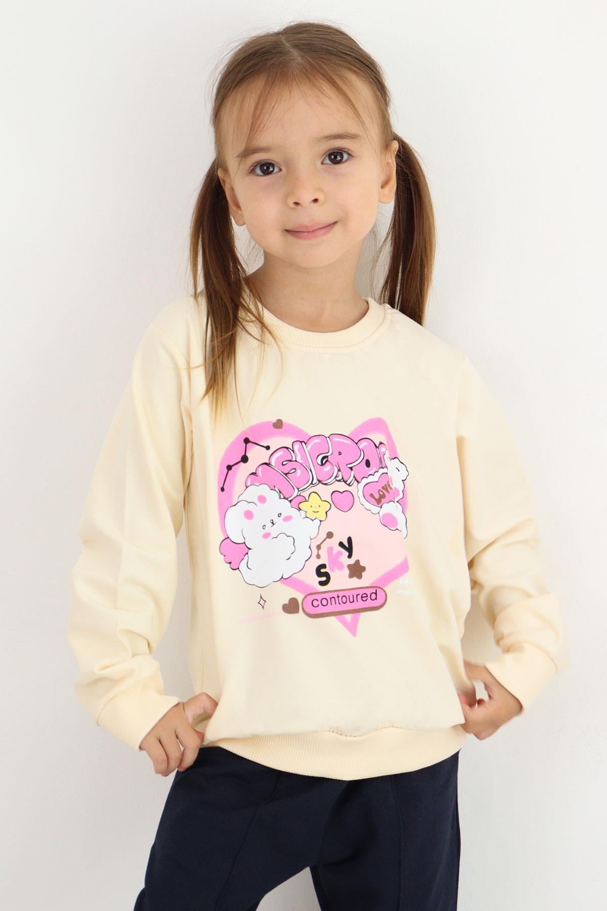 Breeze Kız Çocuk Sweatshirt Kalp Baskılı Krem (2-5 Yaş)