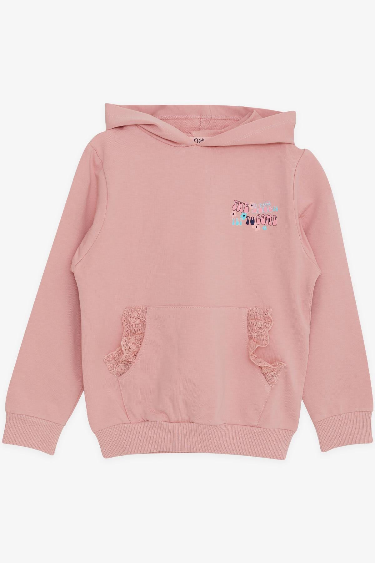 Breeze Kız Çocuk Sweatshirt Kanguru Cepli Yazı Baskılı Güpürlü Gülkurusu (3-8 Yaş)