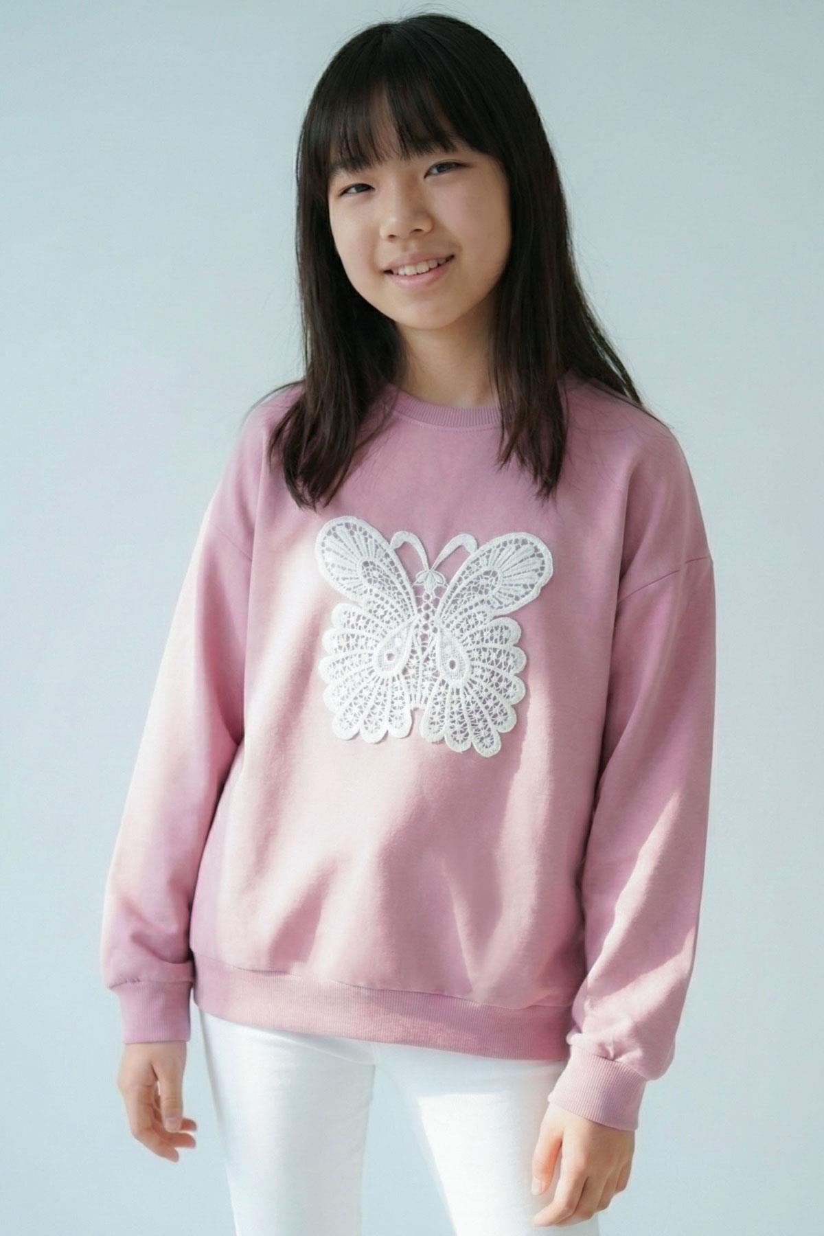 Breeze Kız Çocuk Sweatshirt Kelebek Aplike Nakışlı Gülkurusu (8-12 Yaş)