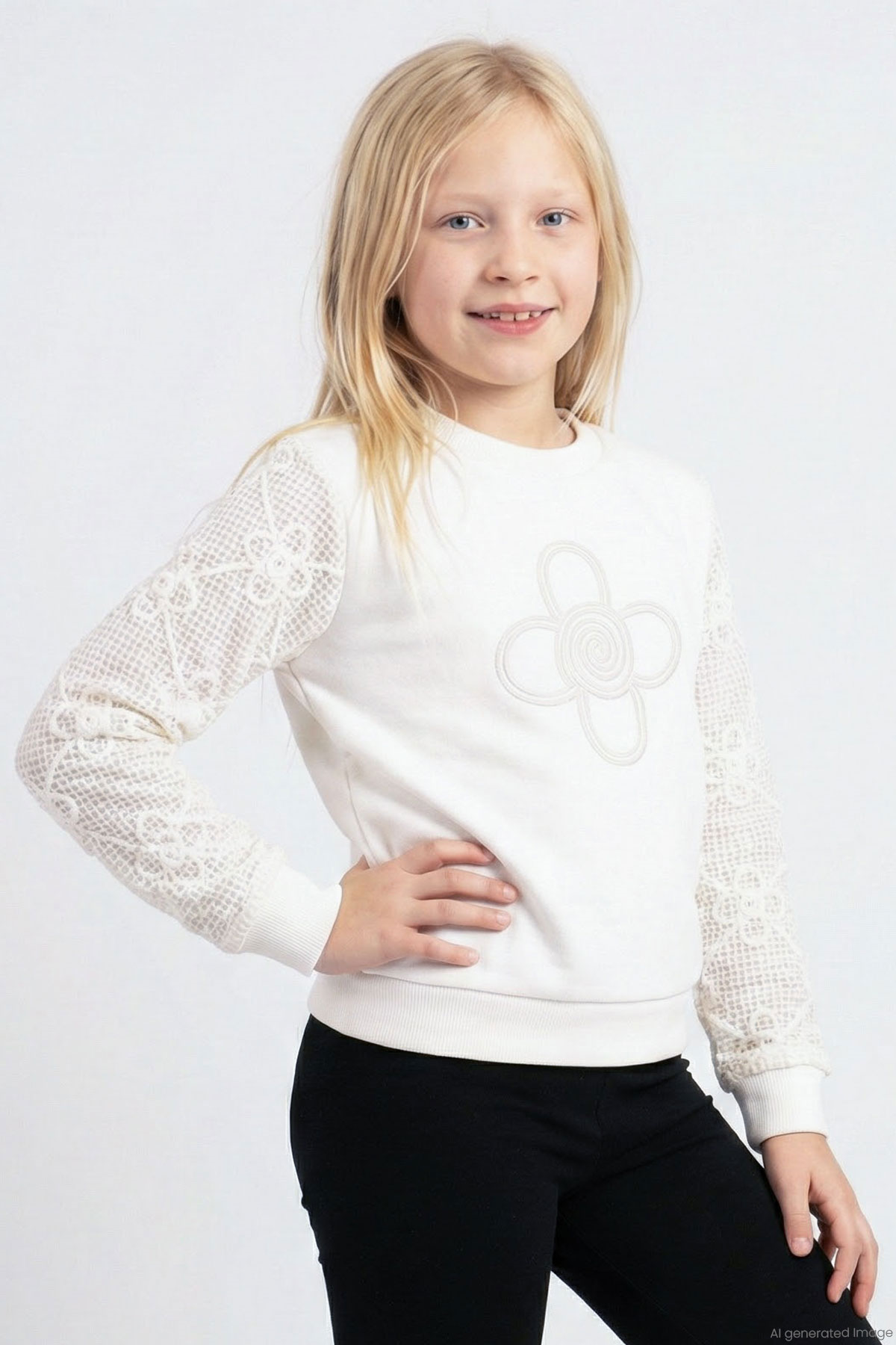 Breeze Kız Çocuk Sweatshirt Kolları Çiçek Aplike İşlemeli File Detaylı Ekru (5-10 Yaş)