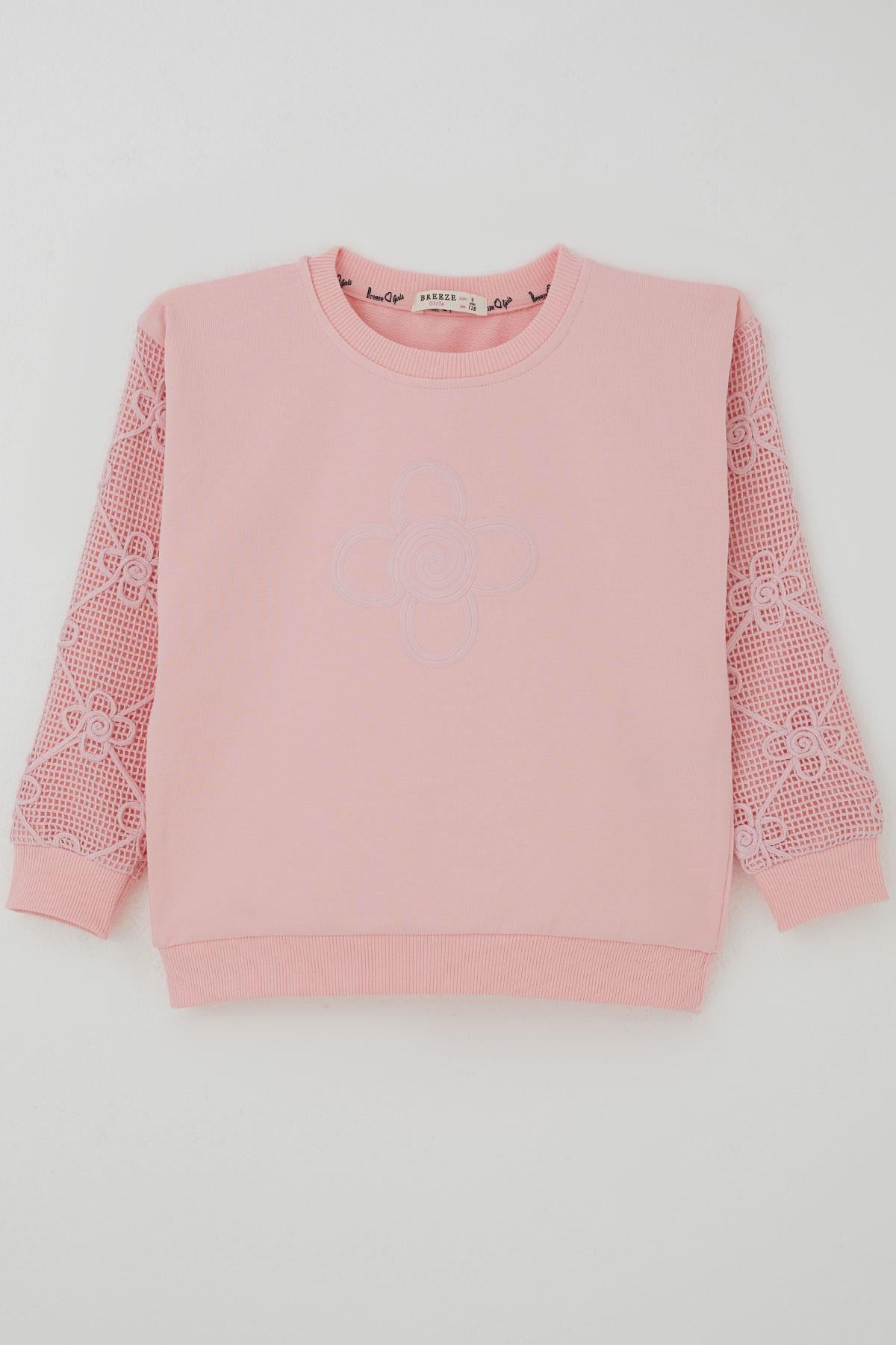 Breeze Kız Çocuk Sweatshirt Kolları Çiçek Aplike İşlemeli File Detaylı Pembe (5-10 Yaş)