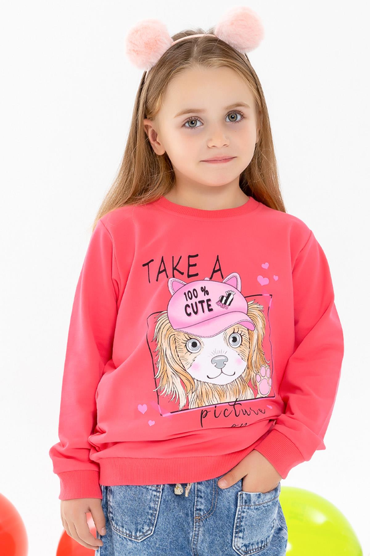 Breeze Kız Çocuk Sweatshirt Köpekcik Baskılı Mercan (3-6 Yaş)