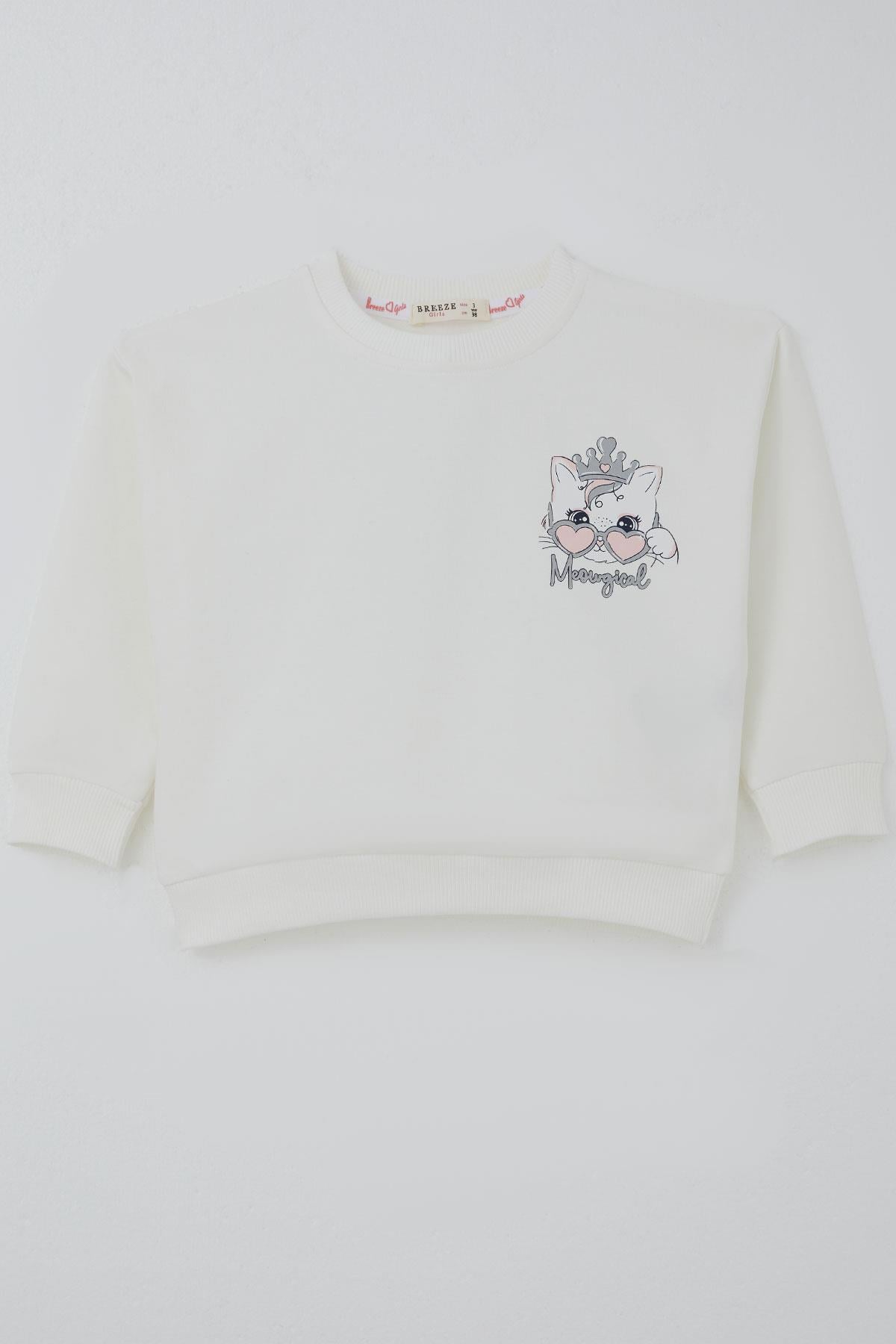 Breeze Kız Çocuk Sweatshirt Minik Taçlı Kedi Prenses Baskılı Sırt Baskı Detaylı Ekru (1.5-5 Yaş)