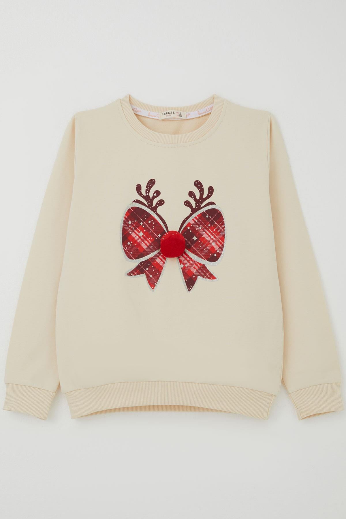 Breeze Kız Çocuk Sweatshirt Ponponlu Yılbaşı Kurdeleli Krem (6-12 Yaş)
