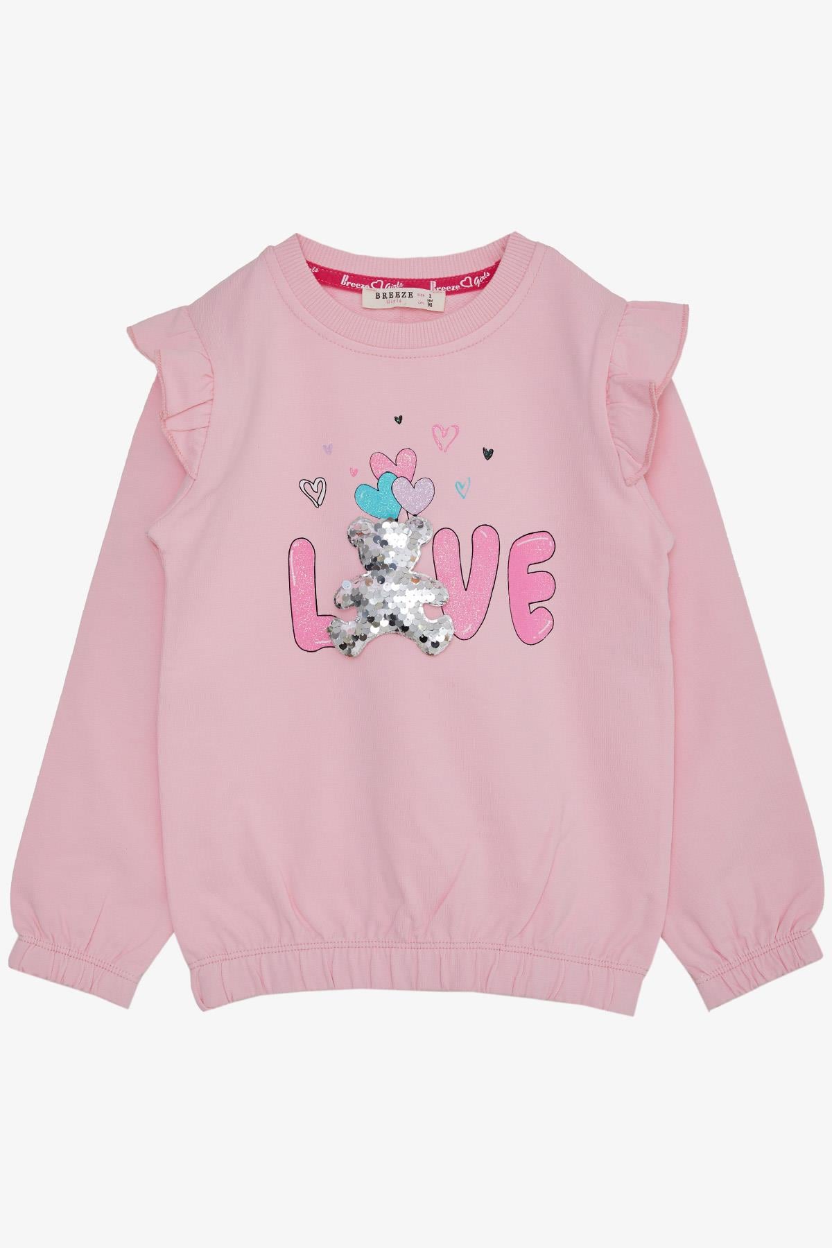 Breeze Kız Çocuk Sweatshirt Pullu Ayıcık Aksesuarlı Simli Yazı Baskılı Pembe (1.5-5 Yaş)