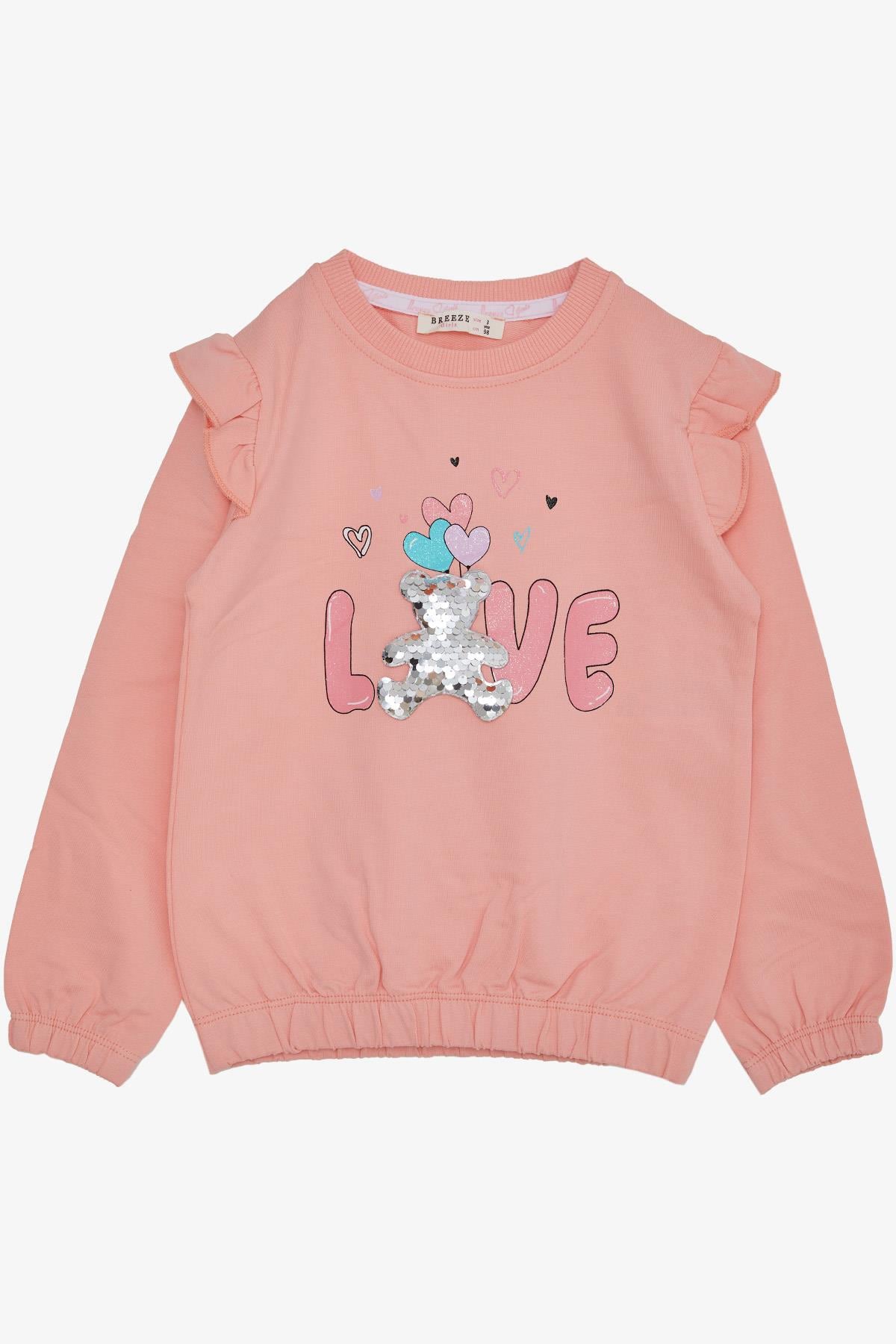 Breeze Kız Çocuk Sweatshirt Pullu Ayıcık Aksesuarlı Simli Yazı Baskılı Somon (1.5-5 Yaş)