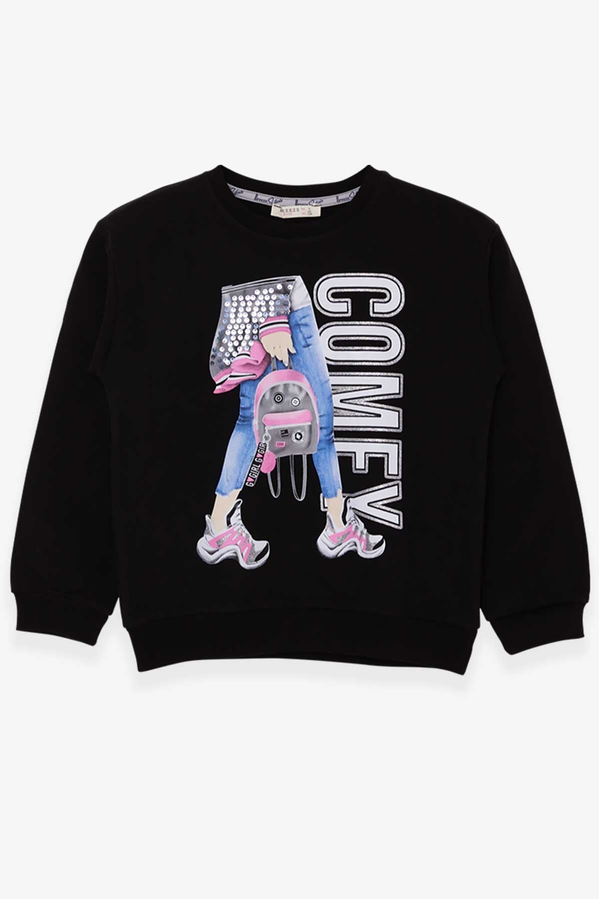 Breeze Kız Çocuk Sweatshirt Pullu Baskılı Siyah (9-14 Yaş)