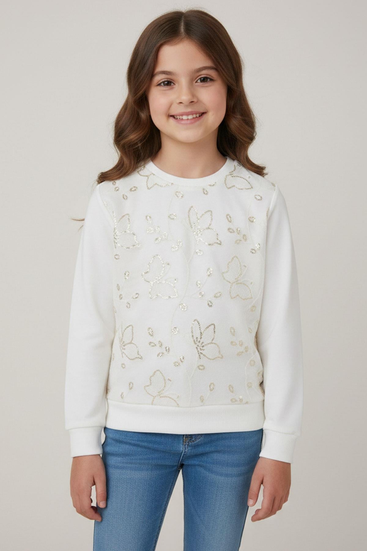 Breeze Kız Çocuk Sweatshirt Pullu Kelebek İşlemeli Tülü Çiçek Detaylı Ekru (8-12 Yaş)