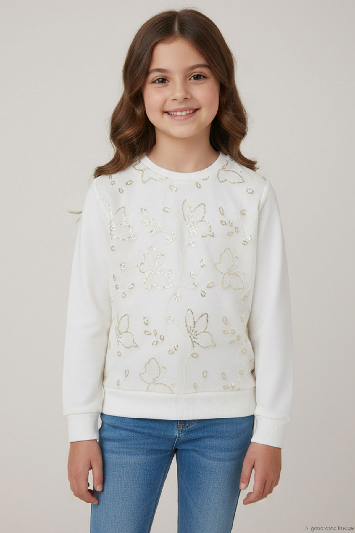 Breeze Kız Çocuk Sweatshirt Pullu Kelebek İşlemeli Tülü Çiçek Detaylı Ekru (8-12 Yaş)