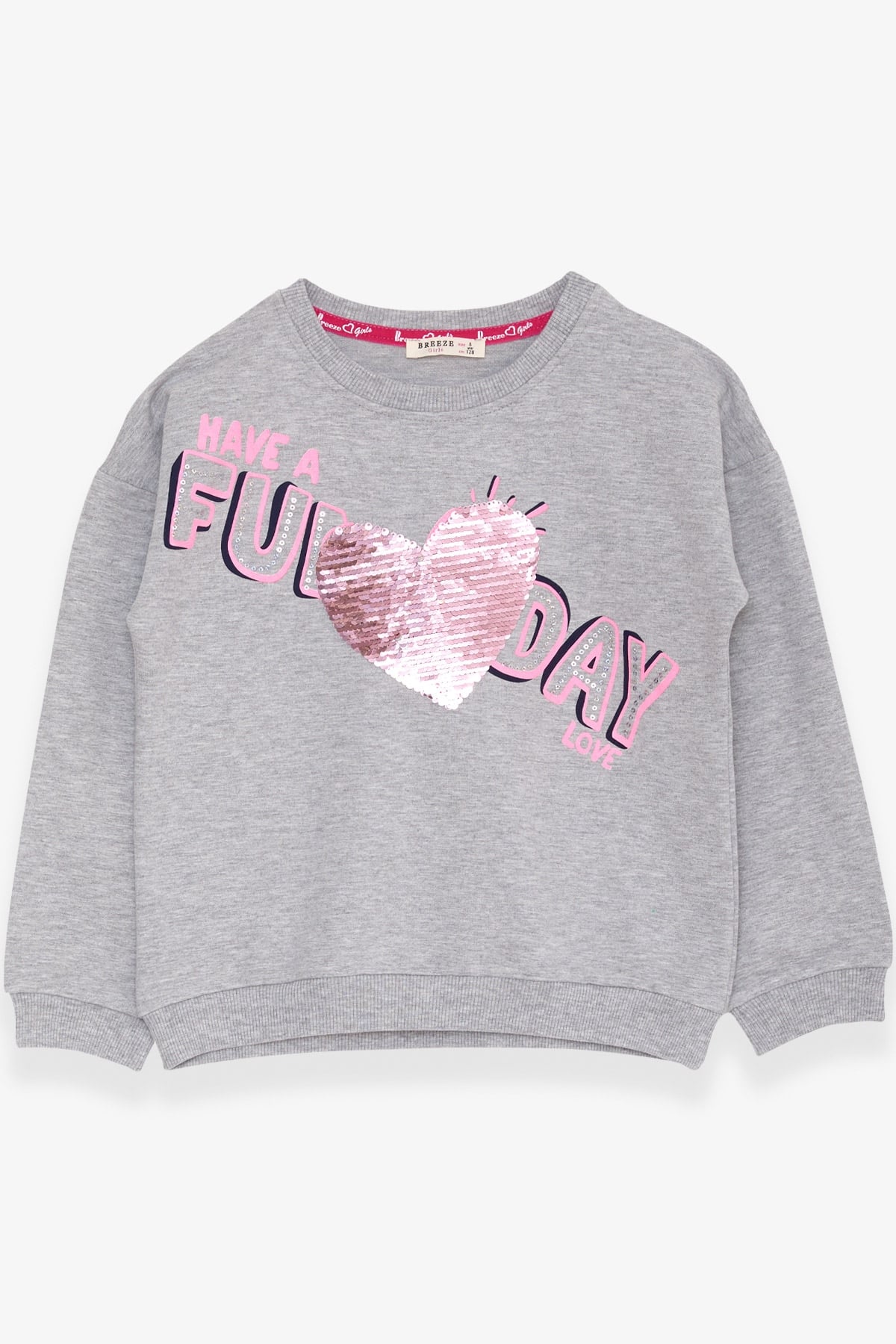 Breeze Kız Çocuk Sweatshirt Pullu Yazı Baskılı Açık Gri Melanj (4-8 Yaş)