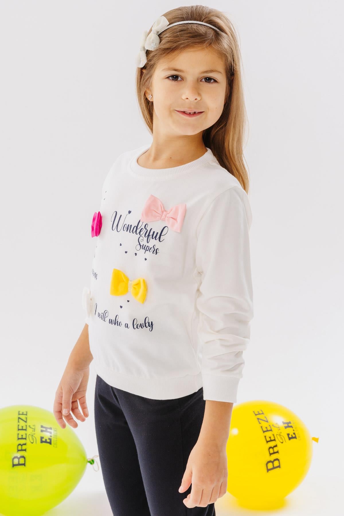 Breeze Kız Çocuk Sweatshirt Renkli Fiyonk Aksesuarlı Yazı Baskılı Ekru (3-4 Yaş)