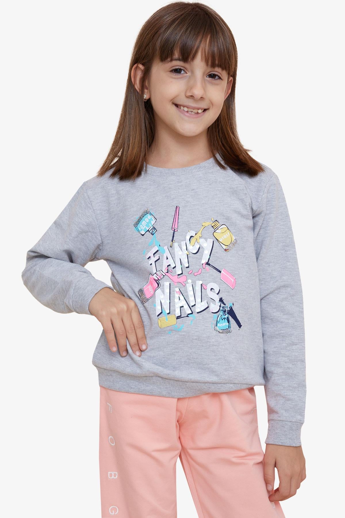 Breeze Kız Çocuk Sweatshirt Renkli Oje Baskılı Gri Melanj (6-12 Yaş)
