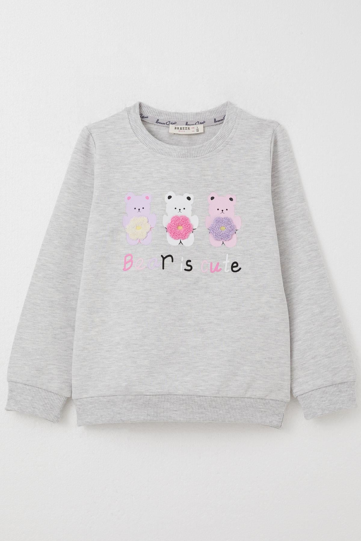 Breeze Kız Çocuk Sweatshirt Sevimli Ayıcıklar Baskılı Açık Gri Melanj (1.5-5 Yaş)