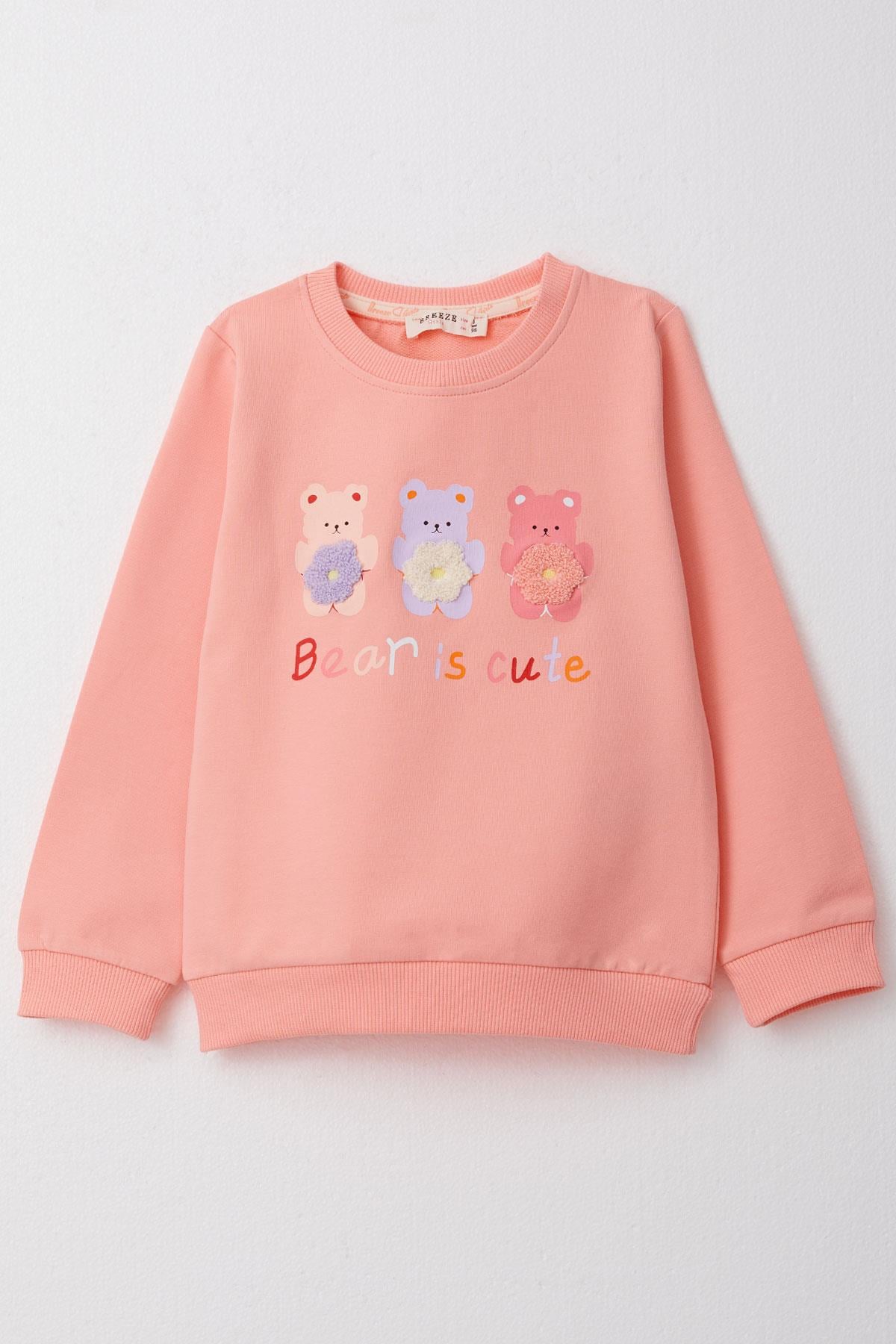 Breeze Kız Çocuk Sweatshirt Sevimli Ayıcıklar Baskılı Somon (1.5-5 Yaş)