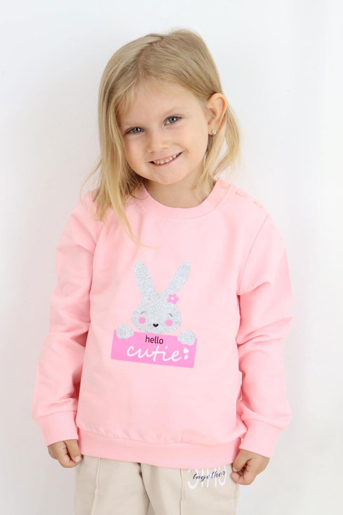Breeze Kız Çocuk Sweatshirt Sevimli Simli Tavşancık Baskılı Pembe (1.5-5 Yaş)