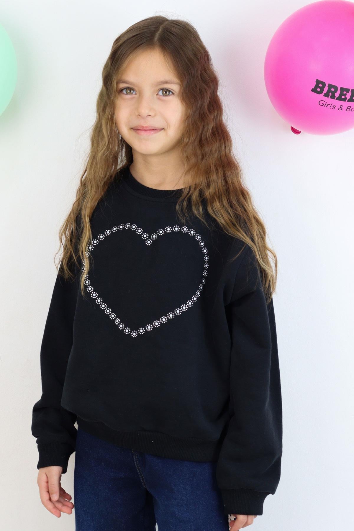 Breeze Kız Çocuk Sweatshirt Taşlı Kalp Baskılı Siyah (7-12 Yaş)
