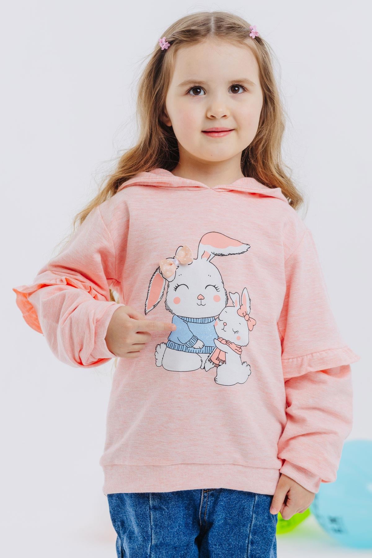 Breeze Kız Çocuk Sweatshirt Tavşancık Baskılı Somon Melanj (1.5-5 Yaş)