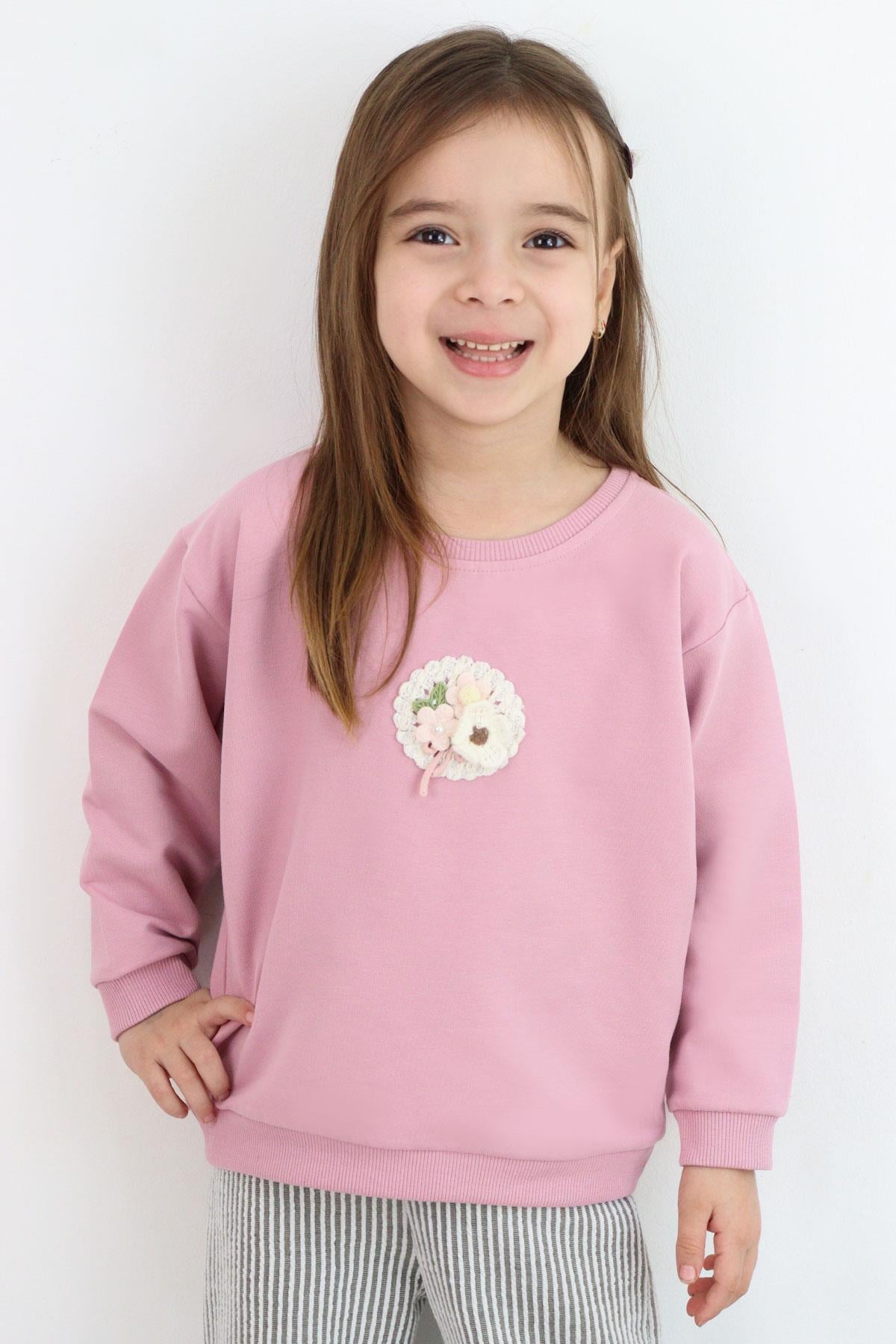 Breeze Kız Çocuk Sweatshirt Triko Çiçek Aplike Armalı Gülkurusu (2-6 Yaş)
