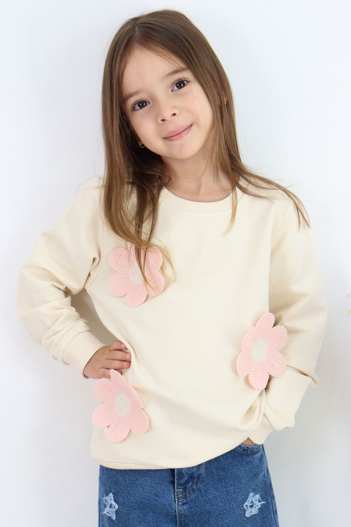 Breeze Kız Çocuk Sweatshirt Triko Papatya Aplikeli Krem (4-8 Yaş)