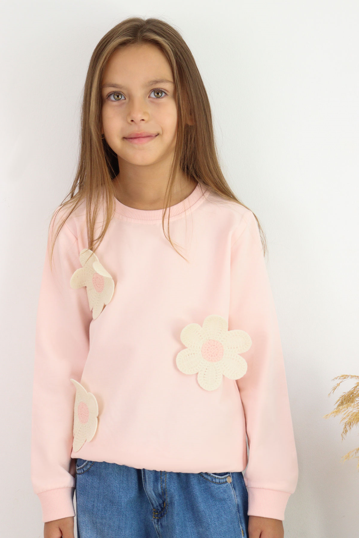 Breeze Kız Çocuk Sweatshirt Triko Papatya Aplikeli Pudra (4-8 Yaş)