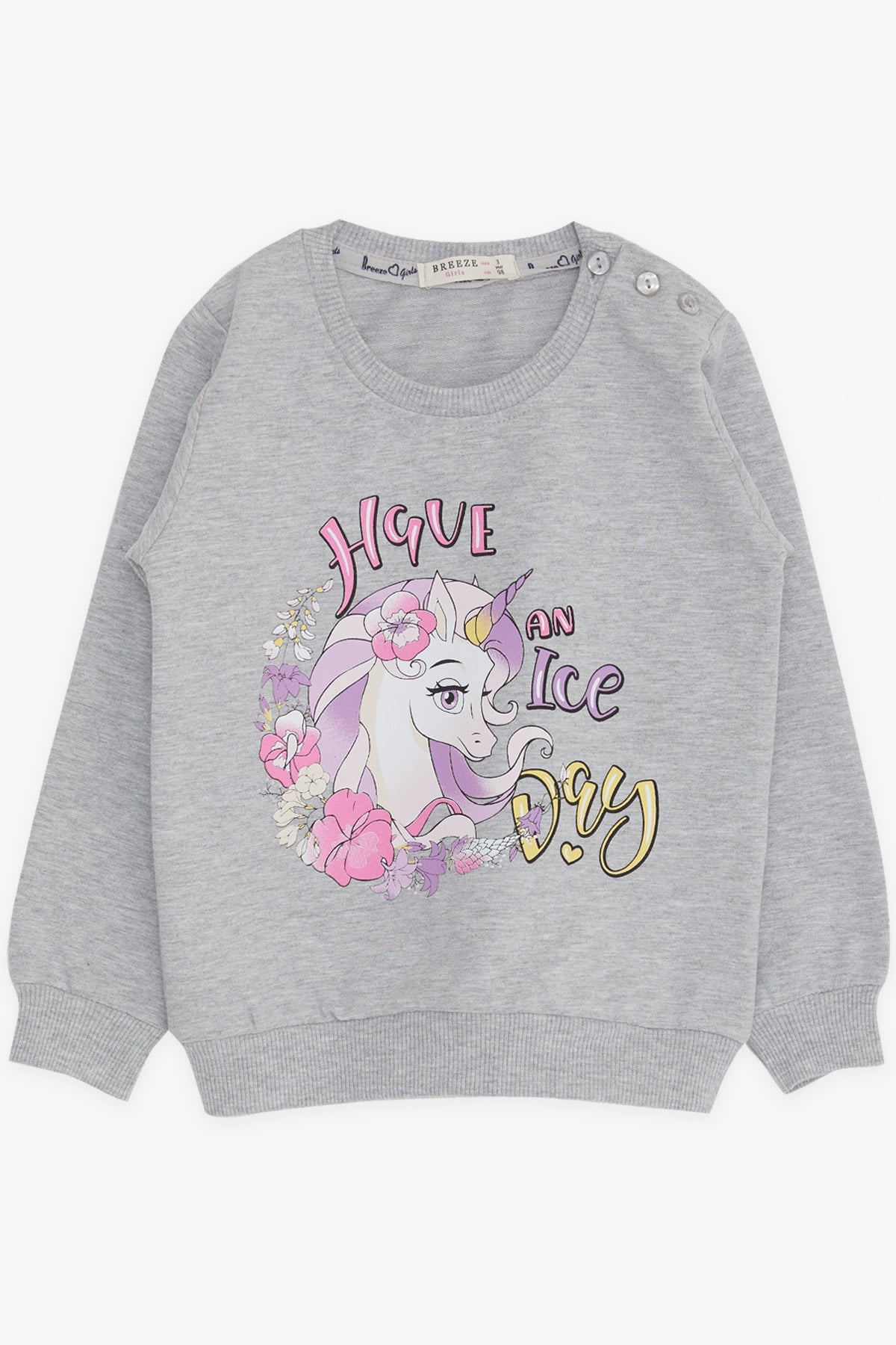 Breeze Kız Çocuk Sweatshirt Unicorn Baskılı Gri Melanj (2-6 Yaş)