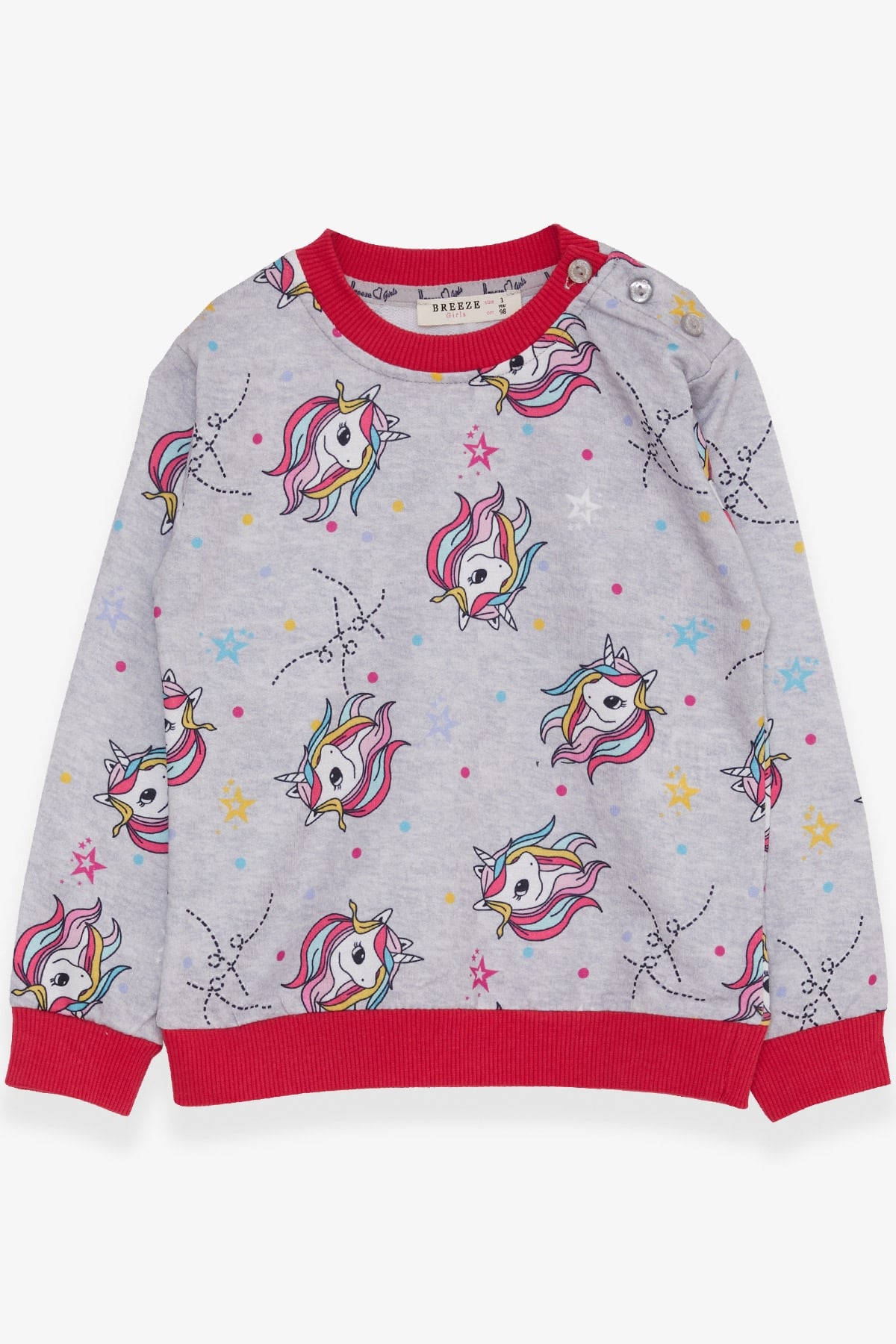 Breeze Kız Çocuk Sweatshirt Unicorn Desenli Açık Gri Melanj (1.5-5 Yaş)