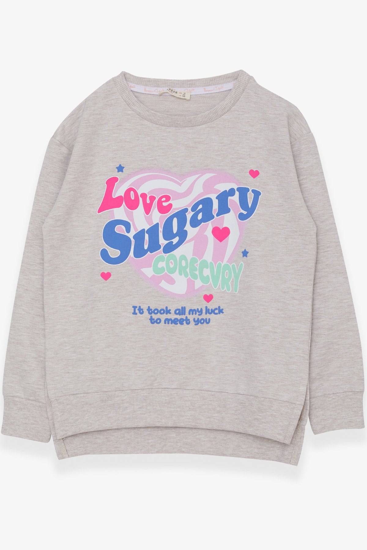 Breeze Kız Çocuk Sweatshirt Yazı Baskılı Yırtmaçlı Bej Melanj (9-14 Yaş)