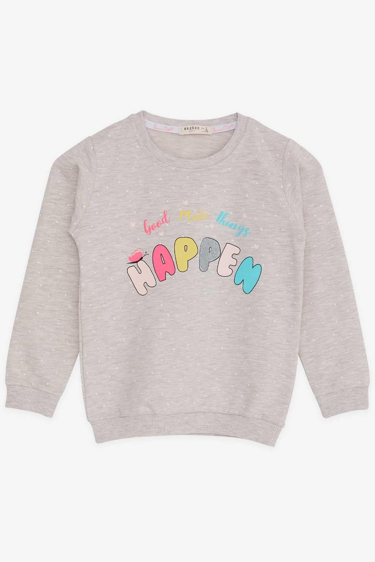 Breeze Kız Çocuk Sweatshirt Yazı Baskılı Desenli Bej Melanj (3-7 Yaş)