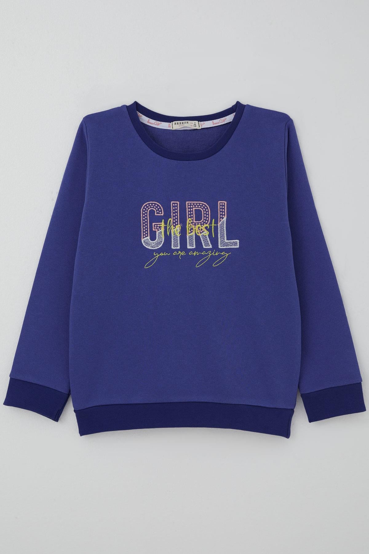Breeze Kız Çocuk Sweatshirt Yazı Nakış Baskılı Morcivert (5-10 Yaş)