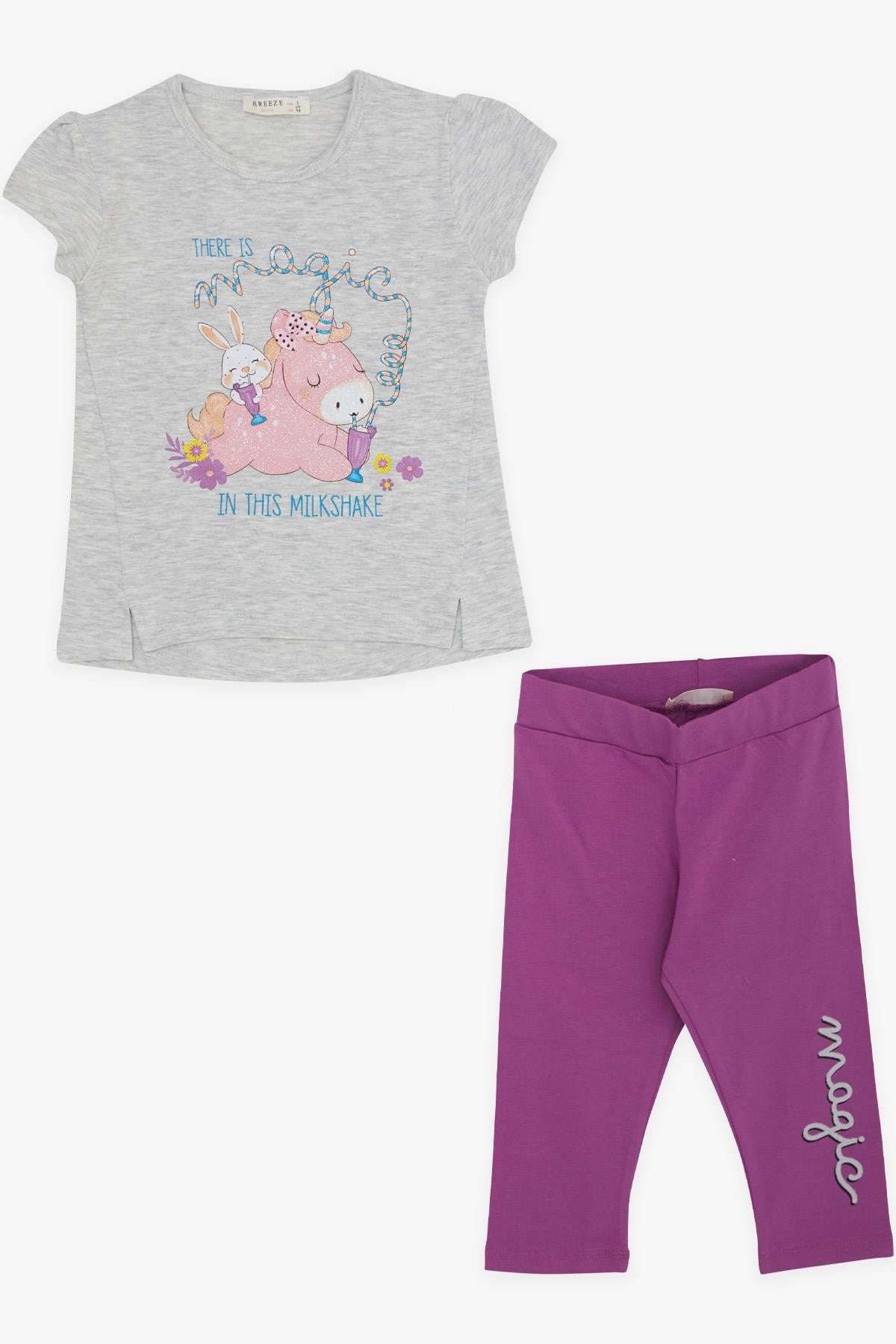 Breeze Kız Çocuk Taytlı Kapri Takım Unicorn Baskılı Açık Gri Melanj (1.5-5 Yaş)