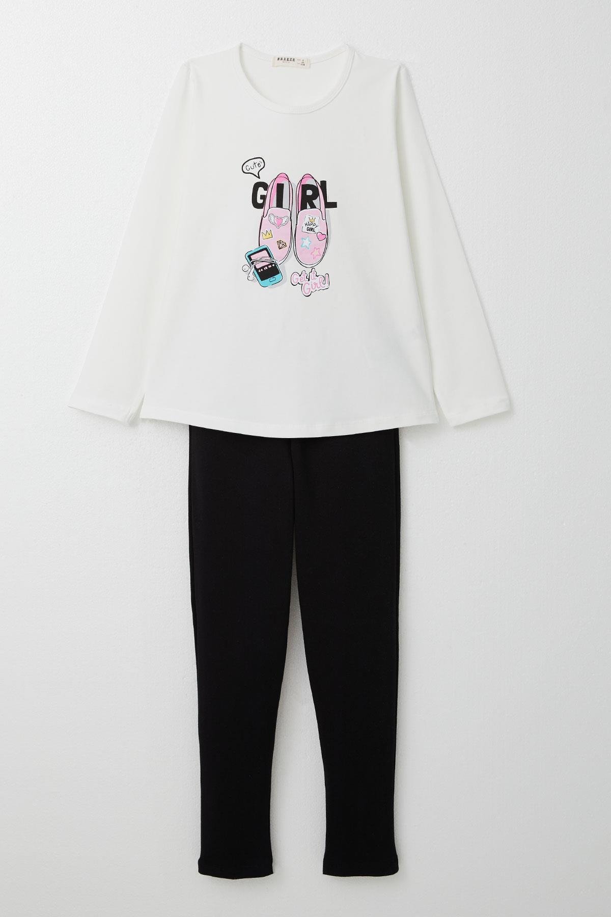 Breeze Kız Çocuk Taytlı Takım Ayakkabı Baskılı Ekru (4-9 Yaş)