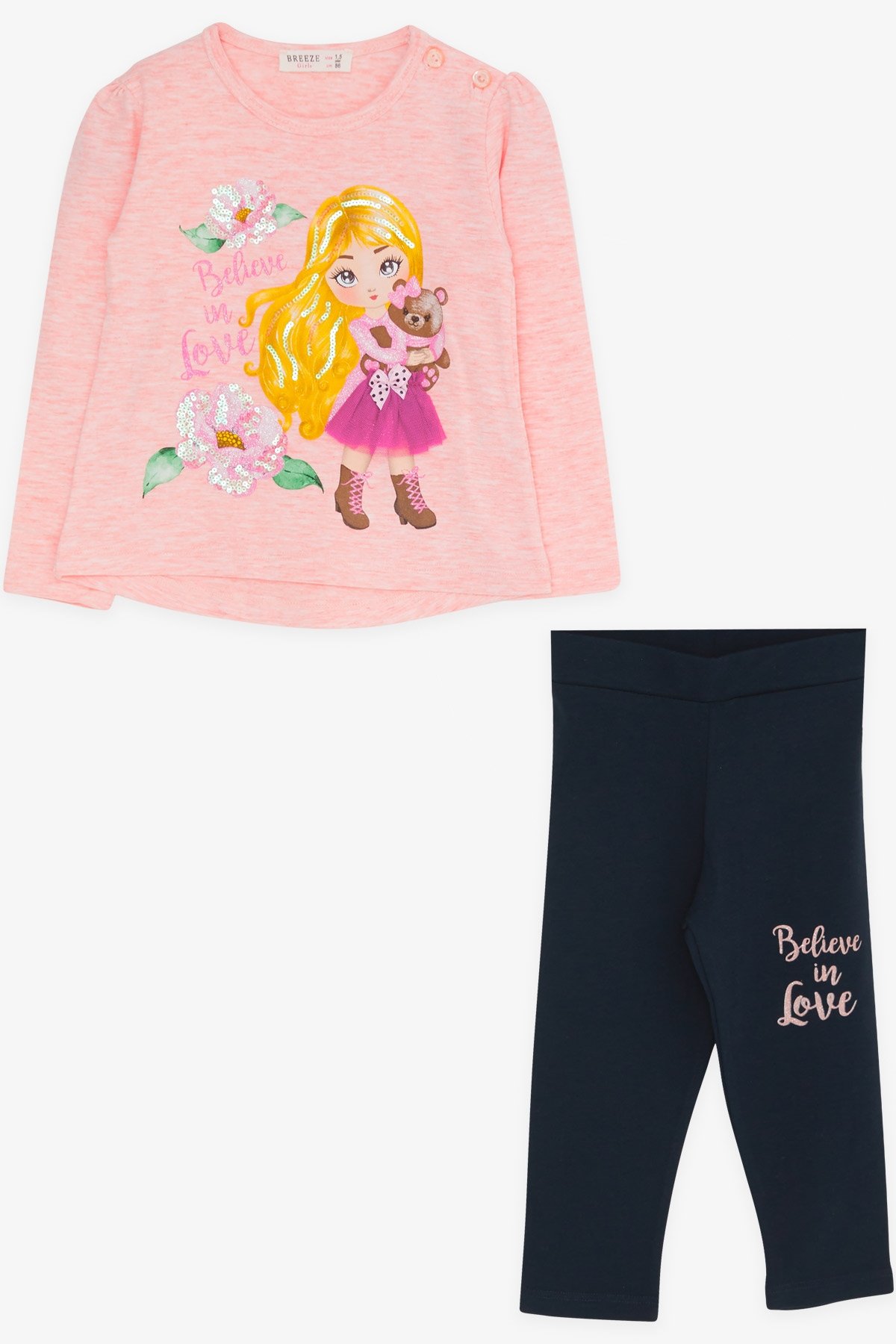 Breeze Kız Çocuk Taytlı Takım Baskılı Pullu Somon Melanj (1.5-5 Yaş)